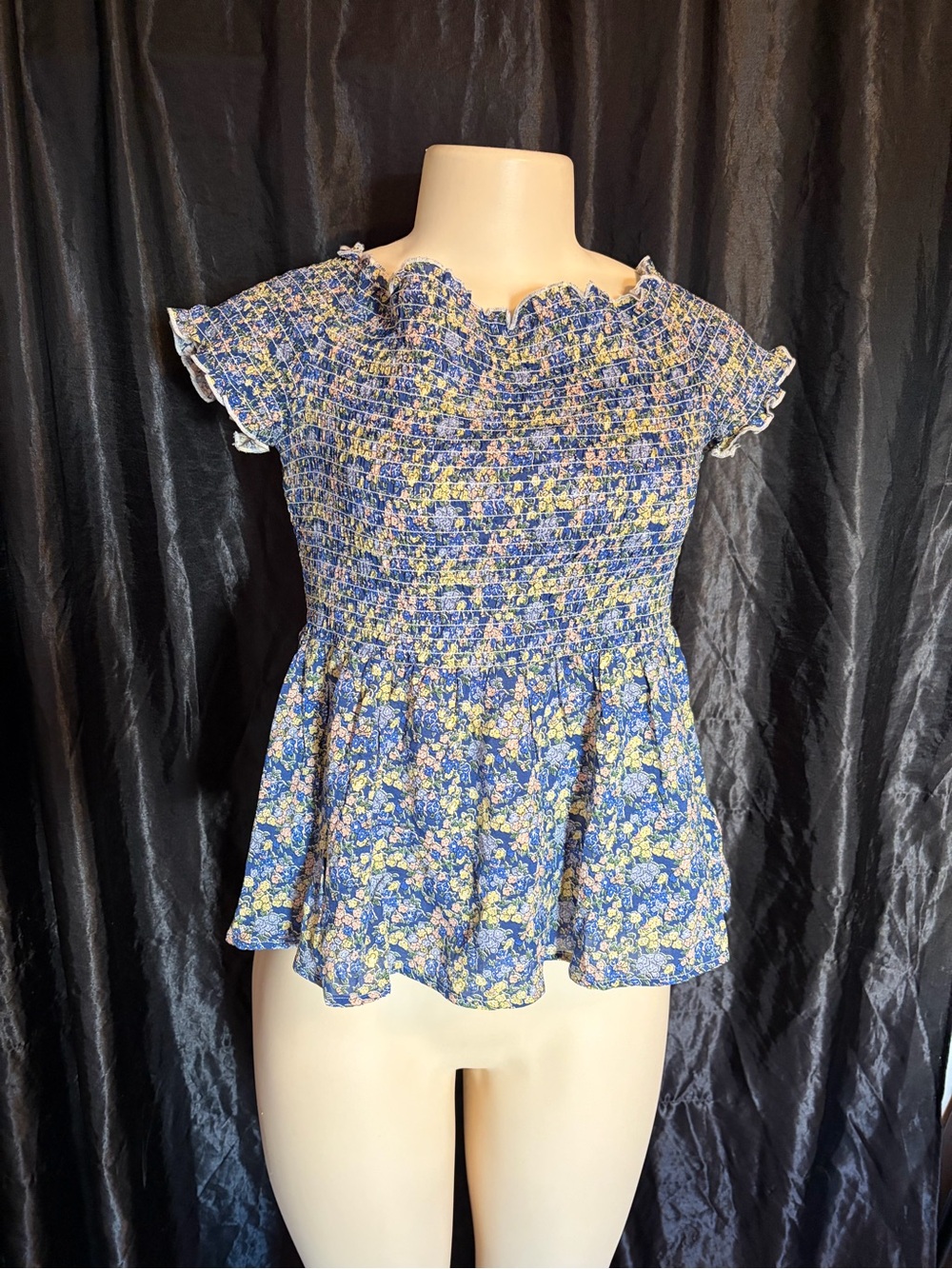 Blue Floral Smocked Peplum Blouse with Flutter Sleeves